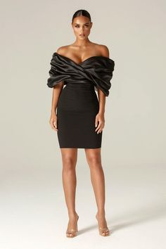 Maribel Crepe Ruffle Shoulder Dress (Black) – Alieva Black Outfit Party, Dupioni Silk Dress, Ruffle Shoulder Dress, Dupioni Silk Fabric, Perfect Figure, Modern Dress, Black Bodycon Dress, Maxi Dress With Sleeves, The Girl Who