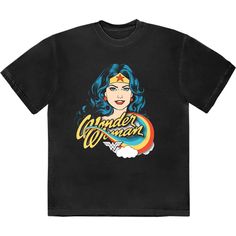 DC Comics Unisex T-Shirt: Wonder Woman Rainbow Crew Neck T-shirt For Comic-con Streetwear, Superhero Graphic T-shirt For Fans, Black T-shirt With Graphic Print For Comic-con, Black Pop Culture T-shirt For Comic-con, Comic-con Streetwear T-shirt With Character Print, Comic-con Fan Merchandise Black T-shirt, Comic-con Character Print T-shirt For Streetwear, Black T-shirt For Comic-con Fan Gear, Black T-shirt For Comic-con Fan Merchandise