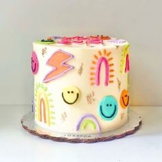 Preppy birthday party inspo pink Fun Cakes Aesthetic, Smiley Face Lightning Bolt Cake, It’s A Vibe Birthday, Good Vibes Cake Ideas, Cute Cake Ideas Easy Simple, Preppy Birthday Cake Aesthetic, Cute Smash Cakes, Good Vibes Birthday Cake, Vibin Thrivin And Thirteen Birthday Party