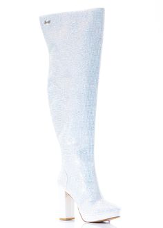 Looking for the ultimate pair of footwear to complete your outfit this season? This white rhinestone thigh high boot is a great choice for style and comfort. Made from a luxurious faux-suede material for a stylish look that will last. Adds a touch of glamour to any outfit. A classic piece that's versatile enough to g Elegant Rhinestone Knee-high Boots For Party, Elegant Rhinestone Knee-high Boots, Elegant Embellished Knee-high Boots, Glamorous Knee-high Boots With Rhinestones, White Thigh High Boots For Party, White Thigh High Party Boots, Glamorous Thigh-high Party Boots, Rhinestone Knee-high Boots For Party, Rhinestone Knee-high Evening Boots