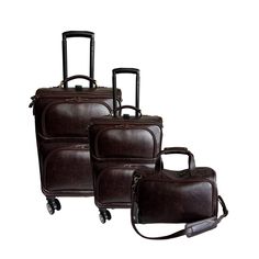 Upgrade your travel experience with the Amerileather Waxy Brown Leather Three Piece Set Traveler. With its premium leather construction, spacious interiors, durable hardware, spinner wheels, telescopic handles, and classic brown design, this set offers both style and functionality for your travel needs. Whether you're going on a short trip or a longer journey, this luggage set provides the perfect combination of durability and sophistication.. 27-inch upright suitcase on removable spinner wheels features Security Lock, Chestnut Leather, Brown Design, Security Locks, Classic Brown, Luggage Sets, Short Trip, Duffel Bag, Travel Style