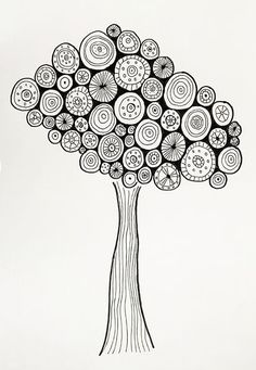 a black and white drawing of a tree with swirls on the branches, in front of a white background