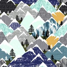 Navy Grey Teal and Mustard Sketch Mountains Print Fabric, By Ella Randall Fabric, Raspberry Creek Fabrics Sketch Mountains, Teal And Mustard, Mountain Quilts, Denim Bags, Design Library, Mountain Print, Adventure Begins, Fabric Ideas, Navy Grey