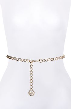 Update your ensemble with the modern sophistication of a goldtone chain belt complete with a logo medallion. Goldtone plate Imported Elegant Gold-tone Chain Link Jewelry With Logo Plaque, Elegant Gold-tone Chain Link Jewelry, Gold Chain Necklace With Gold-tone Logo, Gold Chain Necklace With Logo Plaque, Chic Gold-tone Chain Strap Belt, Chic Metal Chain Belt With Chain Print, Elegant Metal Jewelry With Chain Print, Elegant Gold Chain Necklace With Chain Print, Elegant Metal Chain Belt With Chain Print