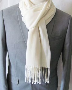 Handsome  scarf with fine tassels. Scarf measures 12 inches wide by 70 inches long Classic White Scarf For Formal Occasions, Classic Winter Silk Scarf For Formal Occasions, Classic White Silk Scarf For Formal Occasions, Classic Formal Scarves For Winter, Traditional White Scarves For Winter, Classic Silk Scarf For Winter Formal, Classic Formal Silk Scarf For Winter, Classic Formal Winter Scarves, Elegant Silk Scarf For Winter Formal Occasions