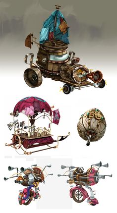 an image of various types of vehicles with wheels and carts on them, all in different colors