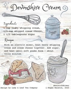 the recipe for devilishie cream is shown in this hand drawn illustration, which includes ingredients