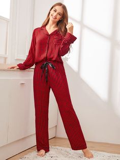 Burgundy Casual  Long Sleeve  Gingham Pant Sets Embellished Non-Stretch  Women Sleep & Lounge Gingham Pants, Sleepwear Sets, Print Pajamas, Pajama Set Women, Western Dresses, Pajama Sets, Pj Sets, Trendy Fashion Women, Sleeves Pattern