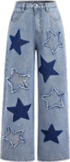 Fall Star Print Denim Jeans, Casual Cotton Jeans With Star Patch, Casual Cotton Jeans With Star Print, Trendy Blue Jeans With Star Patch, Trendy Blue Jeans With Star Print, Trendy Denim Blue Jeans With Star Patch, Denim Blue Jeans With Star Print, Medium Wash Cotton Jeans With Star Print, Denim Blue Star Print Jeans