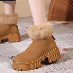 Fashionable Warm Women's Flock Snow Boots - Non-Slip Thick Sole Ankle Boots for Winter Comfort - Khaki,5 Boots For Winter, Black And Khaki, Women's Motorcycle Boots, Winter Comfort, Motorcycle Women, Jelly Shoes, Suede Lace, Motorcycle Boots, Khaki Color