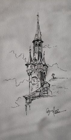 a drawing of a clock tower on top of a building