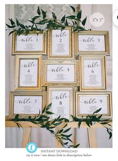 the wedding seating chart is displayed on an easel with greenery and red arrow