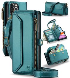 an open wallet case with multiple compartments and zippers on the inside, in teal blue