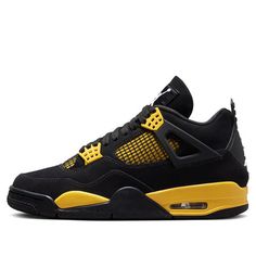 The Air Jordan 4 'Thunder' is a captivating blend of style and heritage. These iconic sneakers pay homage to basketball legend Michael Jordan. The colorway features a striking combination of black and tour yellow, creating a bold visual impact. Crafted with meticulous attention to detail, the Air Jordan 4 boasts a suede upper that exudes sophistication. The gum rubber outsole ensures optimal traction, whether you’re on or off the court. With its rich history and timeless design, the Air Jordan 4 Jordan Fours, Jordan 4 Thunder, 4s Jordans, Iconic Sneakers, Custom Sneakers Diy, Nike Air Jordan 4 Retro, Pretty Sneakers, Nike Air Jordan 4, Retro Basketball Shoes