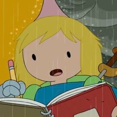 a cartoon girl reading a book in the rain