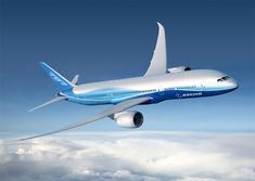 an airplane flying in the sky with clouds below it and blue skies above, as well as text that reads boeing 787 dreamliner