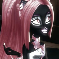 a close up of a cartoon character with pink hair and black cats on her face