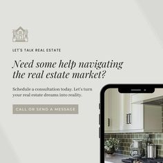 the real estate website is displayed on an iphone and in front of a kitchen with white cabinets