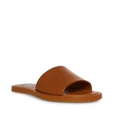 KAYA Brown Leather Slide Sandal | Women's Sandals – Steve Madden Steve Madden Store, Steve Madden Sandals, Monochrome Design, Apparel Merchandising, Brown Flats, Leather Slide Sandals, 5 Inch Heels, Leather Slides, Brown Sandals