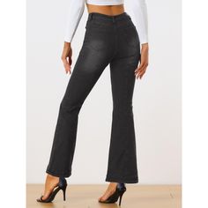 A high waist and relaxed wide legs give these stretch-denim jeans that vintage look. Soft and stretchy denim makes these flared jeans impeccably smart and comfortable. It can match a pair of flat oxford shoes for tall women, instantly becoming the crowd's focus. Retro bell-bottomed pants, to highlight the leg line. With a pair of high-heeled boots, very fashionable. Casual Black Denim Flares, Black High-waisted Denim Flares, High Waist Black Denim Flares, Black Denim Wide Leg Flares, Shoes For Tall Women, Flat Oxford Shoes, Flare Denim Jeans, Oxford Flats, Vintage Casual