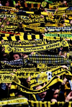 a large group of fans holding up yellow and black scarves in the stands at a soccer match