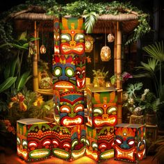 an assortment of brightly colored lights in front of plants