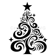 a black and white christmas tree with swirly stars on the top, in an ornate style