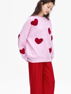 Details: Dreamy sweet pink coloured heart jumper Scattered irregular love heart pattern, red and pink clashing colours Loose oversize fit Materials & Care: Body pink parts: Cashmere 100%Main body red parts: Nylon 36.5%, Mohair 29.4%, Lambswool 26.7%, Spandex 7.4% Non-washable, gentle dry cleaning Do not bleach Size & Fit: Model is 5'7", Bust 32, Waist 24, Hips 35, wearing a size S Item #: JM4KT03 Clashing Colours, Heart Jumper, Healing Heart, Pink Round, Heart Sweater, Heart Pattern, Chic Me, Heart Patterns, Oversized Fits