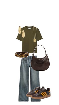 a pair of jeans and sneakers with a t - shirt, handbag and shoes