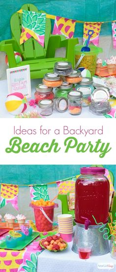 a beach party with drinks and food on the table