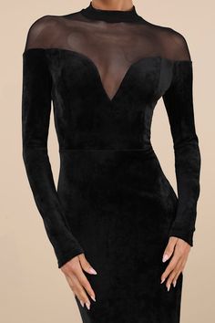 You'll be admired now and forever for how immaculate you look in the Lulus Exemplary Allure Black Velvet Mock Neck Long Sleeve Maxi Dress! Stretchy, plush velvet velour shapes this glamorous dress that features a sheer mesh dÃ©colletage and a chic mock neckline atop a plunging sweetheart-style bodice with princess-seam details and long sleeves. The fitted waist tops a figure-flaunting column skirt that falls to sophisticated maxi hem with a kick pleat at the back. Button-loop closures secure abo Prom Dress Shops, Glamorous Dress, Dress Shops, Column Skirt, Mock Neck Long Sleeve, Glamorous Dresses, Prom Dress Shopping, Kick Pleat, Sleeve Maxi Dress