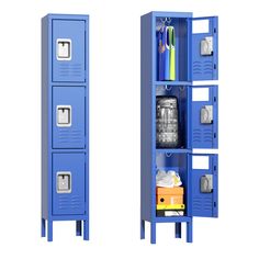 two blue lockers are shown side by side, one is open and the other has some items in it