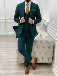 Bojoni Monte Green Slim Fit Suit | BOJONI Green And Gold Suit Men, Hunter Green Suits For Men, Bottle Green Suit Men, Suit With Vest Men, Green Suit Combination, Emerald Green Suits For Men, Men’s Wedding Outfit, Green Men Outfit, Green Suit Vest