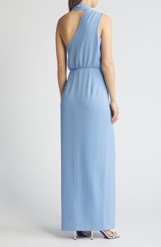 A simple fixed scarf accents the neckline of this elegant one-shoulder column gown sure to stun at your next event. 62" length (size 8) Hidden side-zip closure One-shoulder neck Lined 100% polyamide Dry clean Made in the USA of imported fabric Elegant Blue One Shoulder Floor-length Dress, Elegant One Shoulder Bridesmaid Maxi Dress, Elegant One-shoulder Bridesmaid Maxi Dress, Elegant Blue Floor-length One Shoulder Dress, Blue Maxi Dress With Straight Neckline For Evening, Elegant One Shoulder Bridesmaid Dress Floor-length, Blue Gown With Asymmetrical Neckline For Formal Events, Blue Gown With Asymmetrical Neckline For Formal Occasions, Elegant Blue One-shoulder Dress For Formal Events