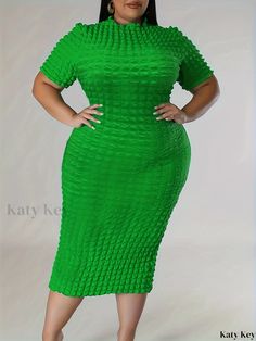 Katykey - Premium Plus Size Casual Dress for Women - Solid Textured, Short Sleeve High Neck Design with Medium Stretch, Enhancing Slim Fit Bodycon Dress Plus Size Chic, Fitted Bodycon Dress, Green Crew Neck, Chic Plus Size, Denim Jacket With Dress, Lace Dress Long, Plus Size Jumpsuit, Straight Dress, Long Sleeve Lace Dress