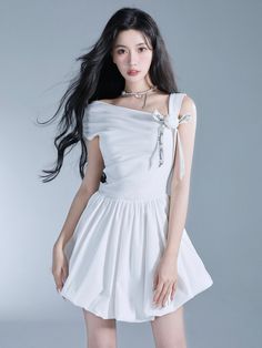 Off-Shoulder Tie-Strap Fit & Flare Mini Dress - chiclara Kpop Dress, Short Dress White, White Playsuit, Ribbon Rose, Mens Cardigan Sweater, Flare Mini Dress, Sweater And Shorts, Chic Dress, White Mini Dress