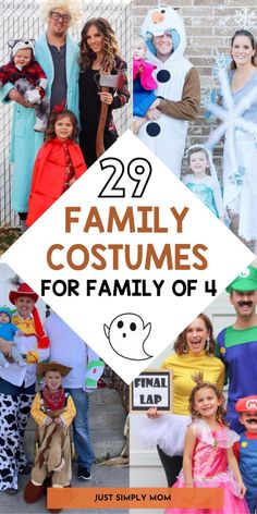 family costumes for halloween with text overlay that reads 29 family costumes for family of 4