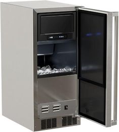 an ice dispenser is shown with its door open to show the ice inside