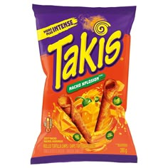 an orange bag of taki's potato chips on a white background with the word,