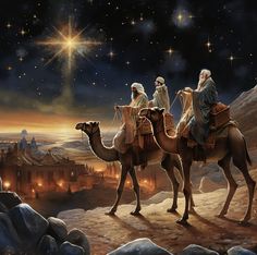 three wise men riding on camels in the desert at night with star above them