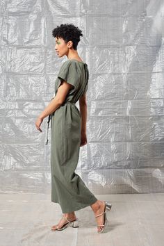 The Tie Back Jumpsuit is an easy-to-wear piece perfect for days when you're not in the mood to think about putting together a full outfit. Features a relaxed silhouette, self-tie back, 28" inseam, optional belt, and dropped kimono style sleeves. *This item can take up to 7 business days to ship as it is made to order for you. Not In The Mood, Mode Kimono, Kimono Style, In The Mood, Toronto Canada, Sustainable Clothing, Kimono Fashion, The Mood, Tie Backs