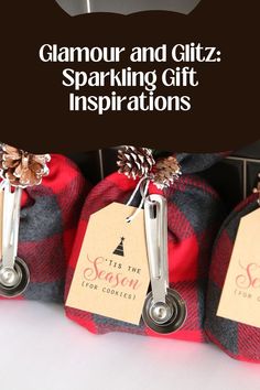 three christmas gift bags with tags on them and the words glamour and gitz sparkling gift inspirations