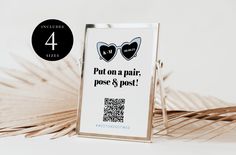 "Jumping on the current Wedding trend - \"put on a pair and pose\", this sign will have your guests grabbing a pair of picture perfect heart-shaped sunglasses and striking a pose in no time! This template allows you to change the colour of the sunglasses to match your wedding theme! Of course you can change the colour of your text and background too! Change all text to fully personalise the sign for your special day.   Use the demo provided below to preview the template and ensure that it's the Heart Sunglasses Wedding, Sunglasses Wedding, Wedding Qr Code, Pose Wedding, Wedding Sunglasses, Perfect Heart, Shaped Sunglasses, Heart Shaped Sunglasses, Heart Sunglasses