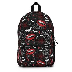 Embrace your gothic side with our Vampire Backpack, featuring a bewitching pattern of vampire lips, fangs, spider webs, and stars against a deep black background. Perfect for back-to-school, everyday adventures, or Halloween fun, this versatile backpack has a compartment for a small laptop or tablet, making it ideal for students, teachers, or even as a stylish diaper bag. With its witchy, spooky vibe, this backpack helps you stay organized while adding a touch of dark elegance to your daily rout Gothic Bags For Halloween, Black Gothic Bag For School, Gothic Black School Bag, Gothic Standard Backpack For Travel, Black Gothic School Bag, Gothic Style Standard Backpack For Travel, Gothic Halloween Bags For Alternative Fashion, Black Backpack For Halloween Cosplay, Gothic Halloween Backpack