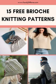 knitting patterns for hats and scarves with text overlay that reads 15 free brochure knitting patterns