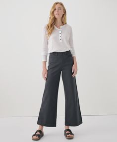 Women’s Stretch Twill Denim Wide Leg Pant made with Organic Cotton | Pact Effortless Straight Leg Pants For Fall, Mid-rise Wide Leg Pants For Everyday Fall Wear, Everyday Cotton Wide Leg Pants For Fall, Effortless Everyday Bottoms For Fall, Straight Leg Bottoms For Fall Casual Gatherings, Versatile Cotton Wide Leg Pants For Fall, Effortless Cotton Straight Leg Bottoms, Effortless Straight Leg Cotton Bottoms, Cotton Straight Leg Bottoms