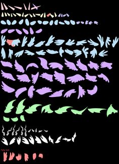 an assortment of different shapes and sizes of feathers on a black background with colored lines