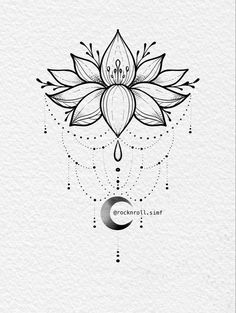 a drawing of a lotus flower with the moon in the middle and stars around it