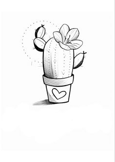 a black and white drawing of a cactus with a heart on it's side