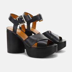 - Platform - Block Heel - Signature C-Shaped Buckle - 4” Heel - 1.75” Platform - Made In France - Brand New Robert Clergerie, Platform Block Heels, Leather Platform Sandals, Buckle Sandals, Shoe Sale, Silver Hardware, Black Sandals, Platform Sandals, Smooth Leather